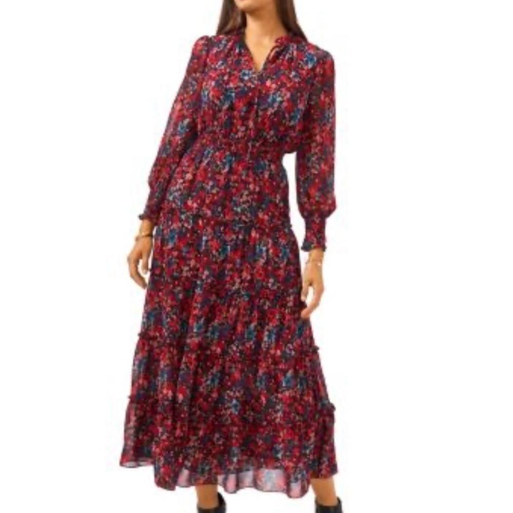 Vince Camuto Red and Blue Tiered Long Sleeve Sundress